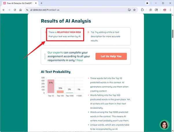 AI-Detecto prüft Ergebnisse von reinem KI-Text