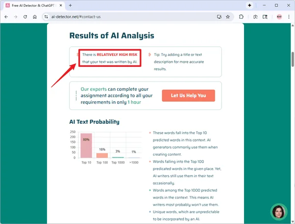 AI-Detector prüft von QuillBot vermenschlichten Text