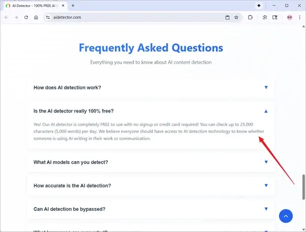AiDetector claims to be free to use AiDetector gibt an, kostenlos zu sein