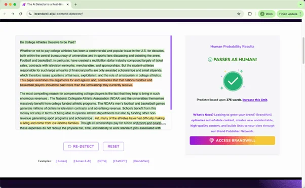 BrandWell AI detector checks EssayDone humanized text as human
