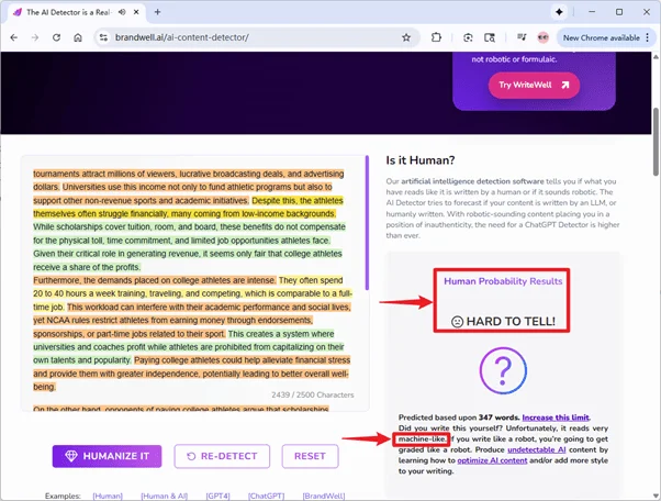 BrandWell AI detector checks pure AI text results