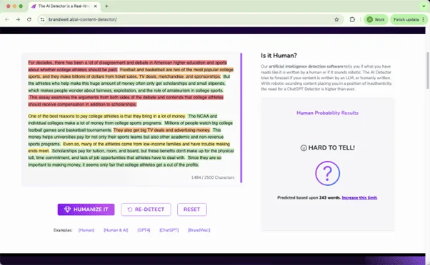 BrandWell AI detector checks QuillBot humanized text