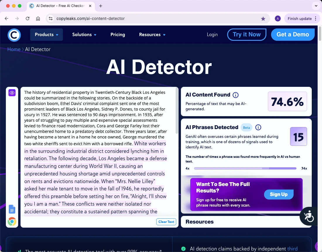 Copyleaks checks mixed AI and human writing results