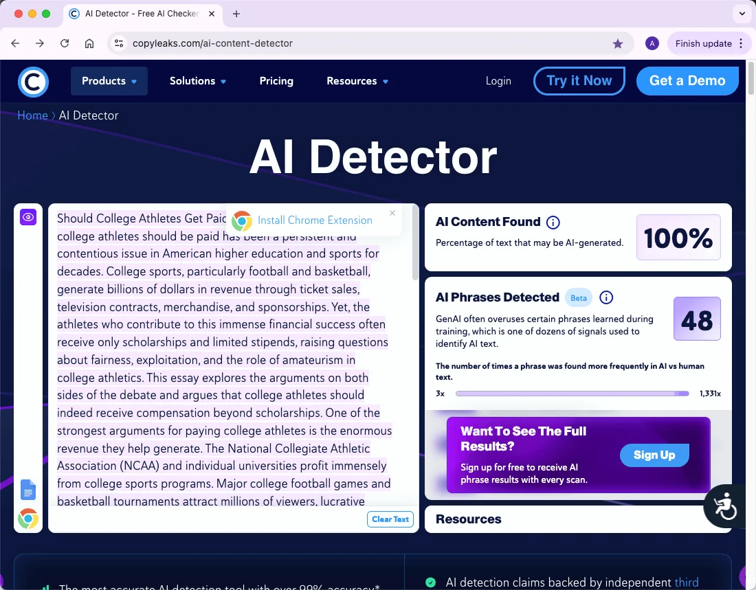 Copyleaks checks pure AI text results