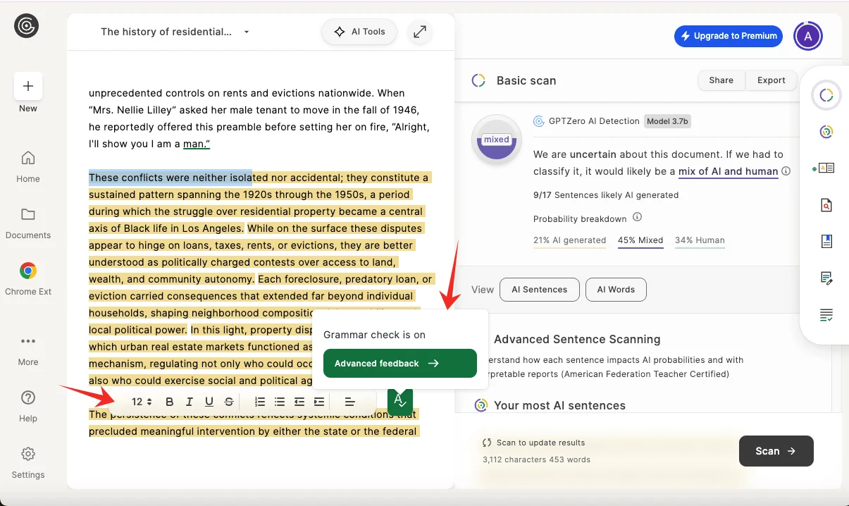 GPTZero AI detector edit tool