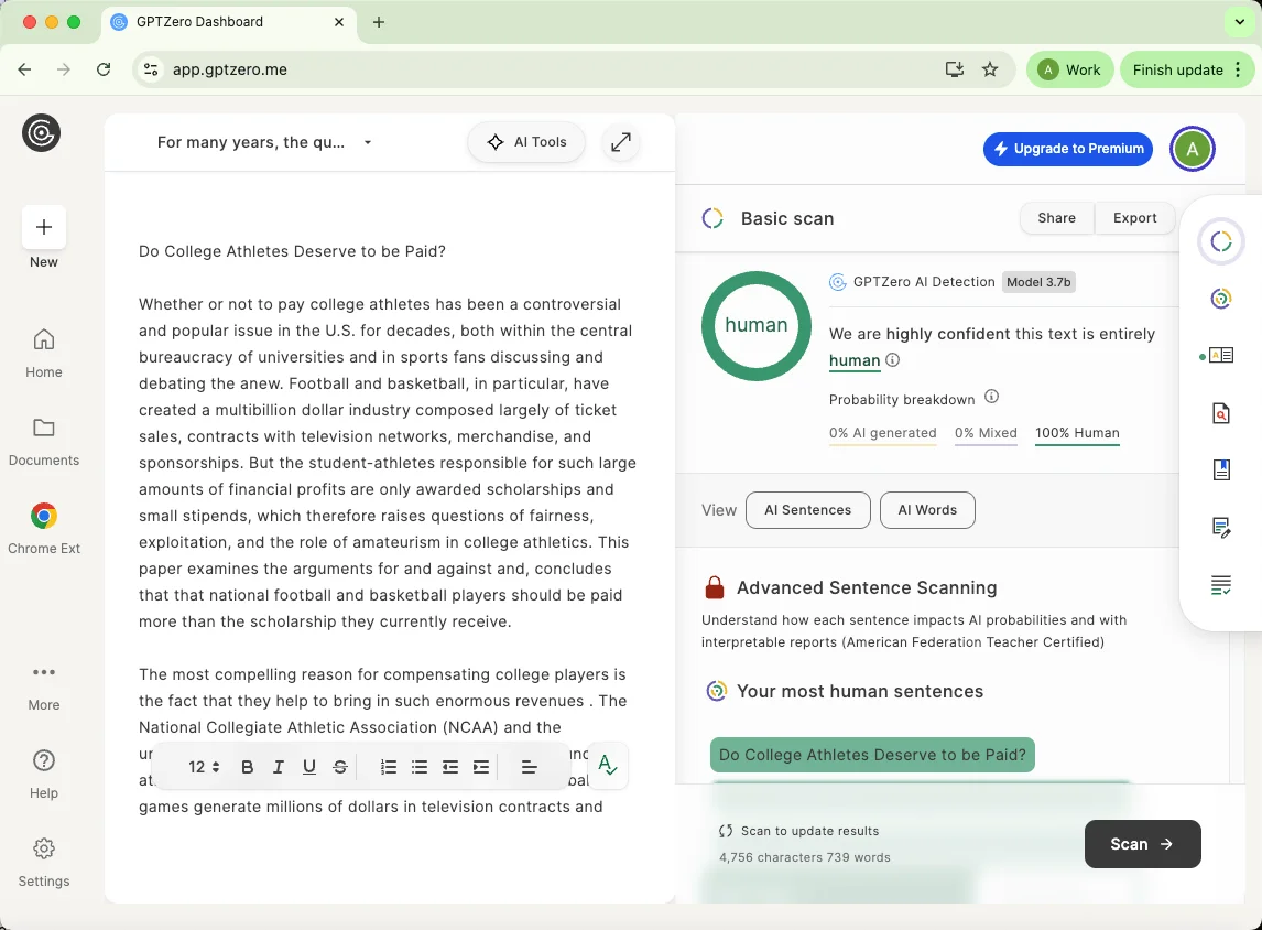 GPTZero check EssayDone humanized text 0 percent AI