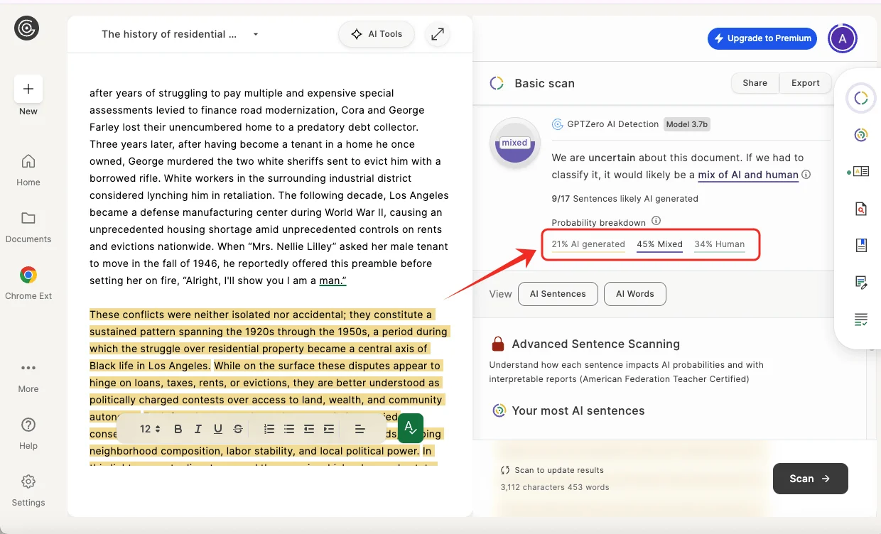 GPTZero checks mixed AI and human writing results