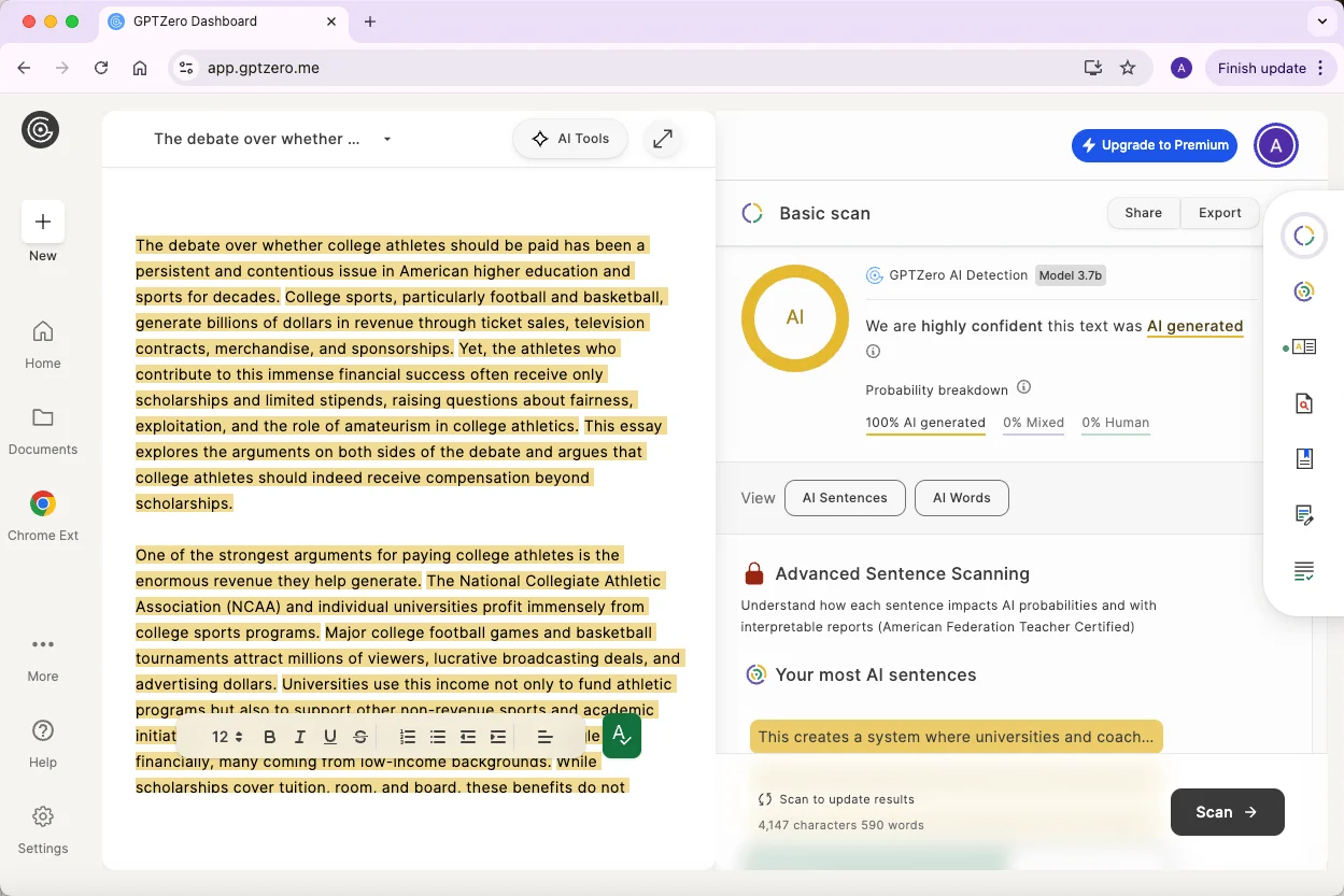 GPTZero checks pure AI text results