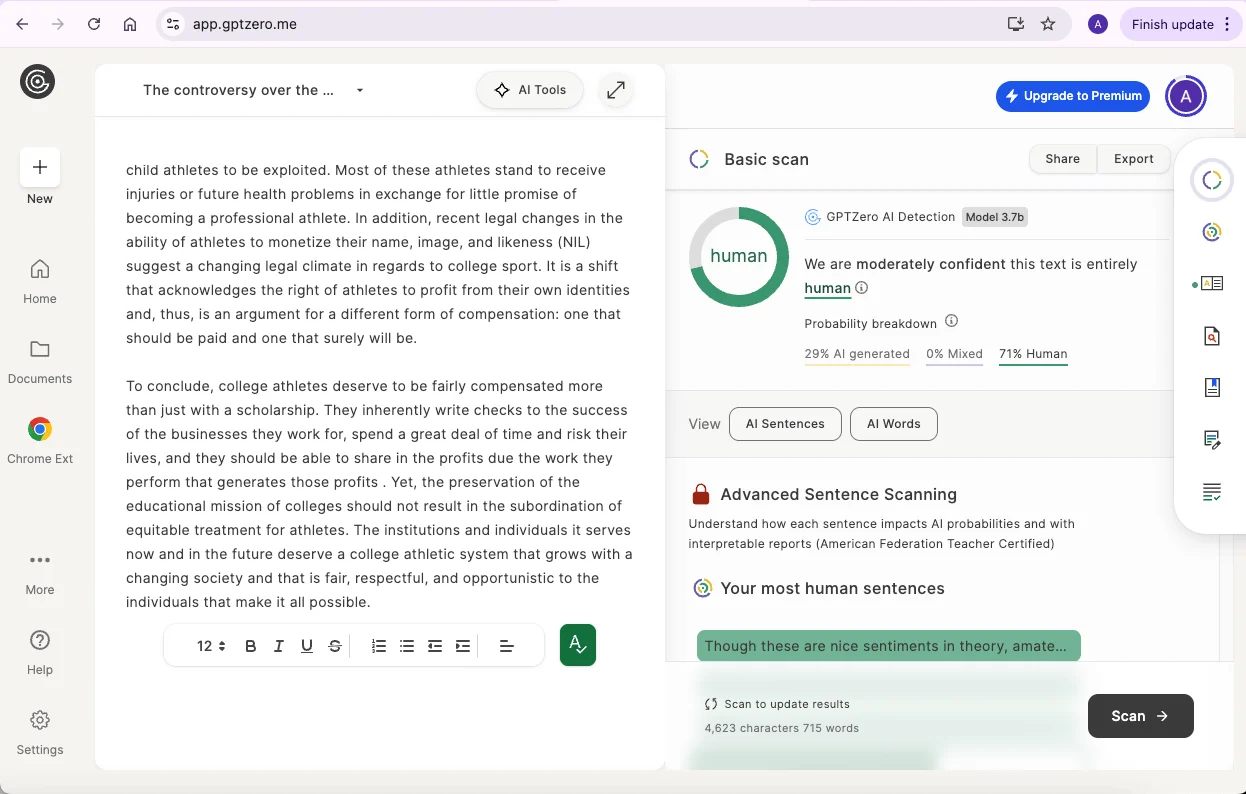 GPTZero checks QuillBot humanized text results