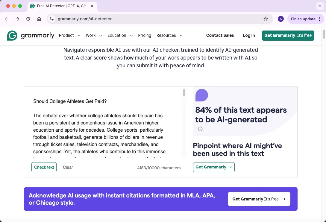 Grammarly checks pure AI text results