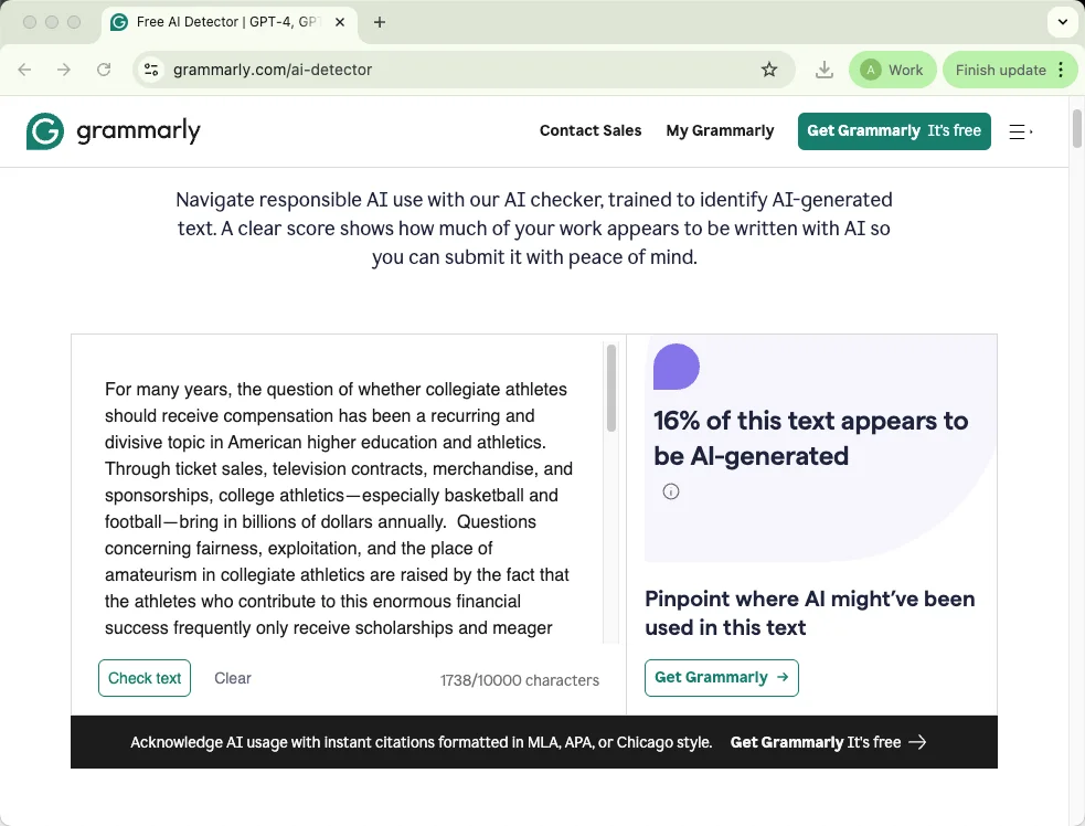Grammarly checks QuillBot humanized text results