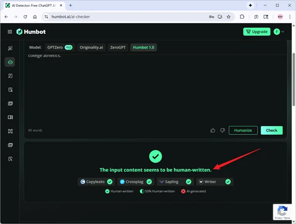 Humbot AI Detector überprüft von EssayDone humanisierten Text: 0% KI