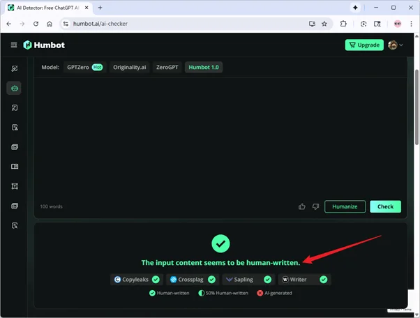 Humbot AI-Detektor prüft gemischte AI- und von Menschen verfasste Texte