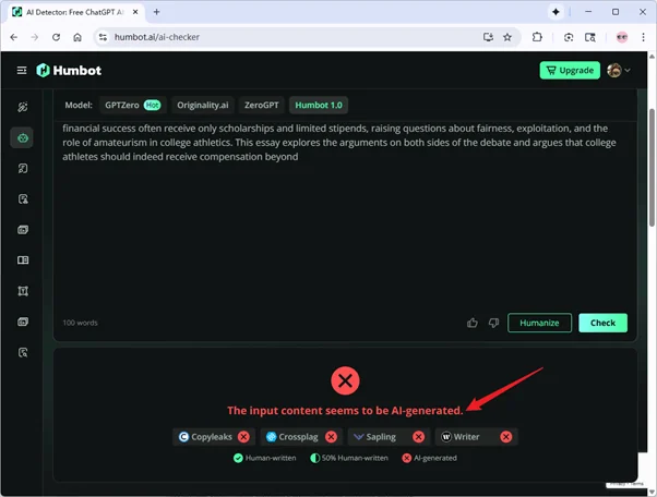 Humbot AI-Detektor prüft Ergebnisse von reinem KI-Text