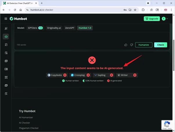 Humbot AI-Detektor prüft von QuillBot humanisierten Text