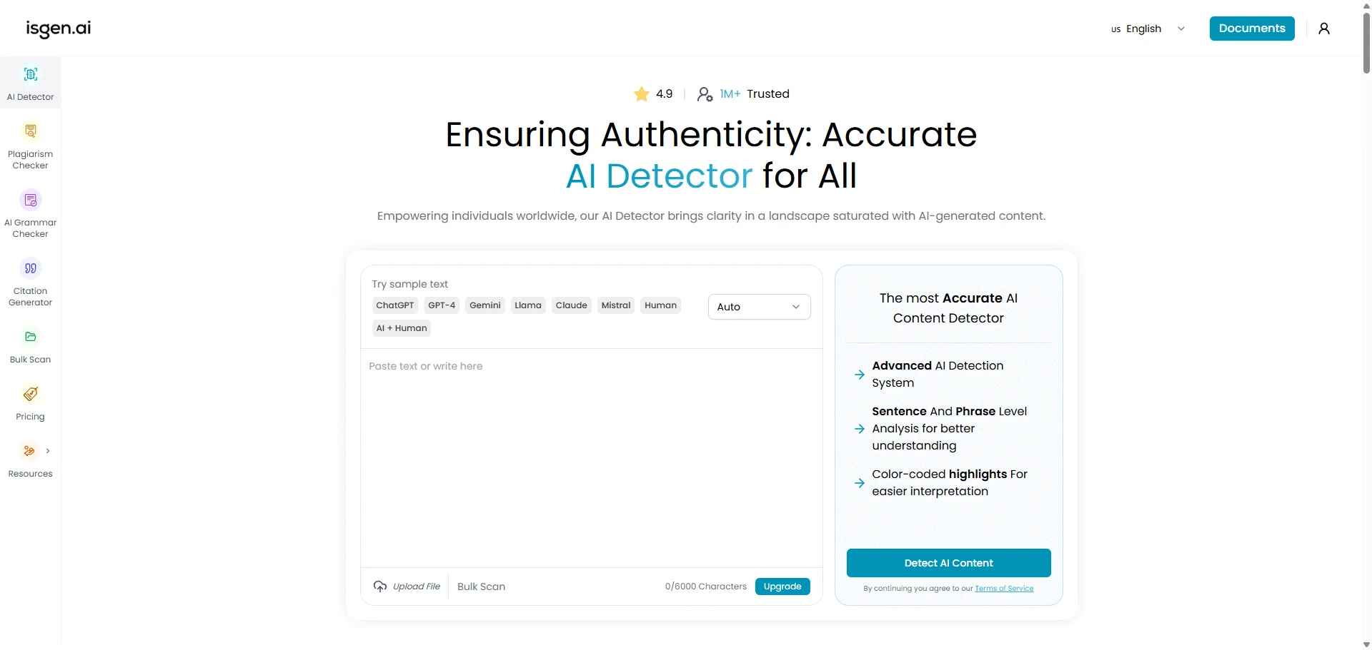 Isgen AI detector homepage