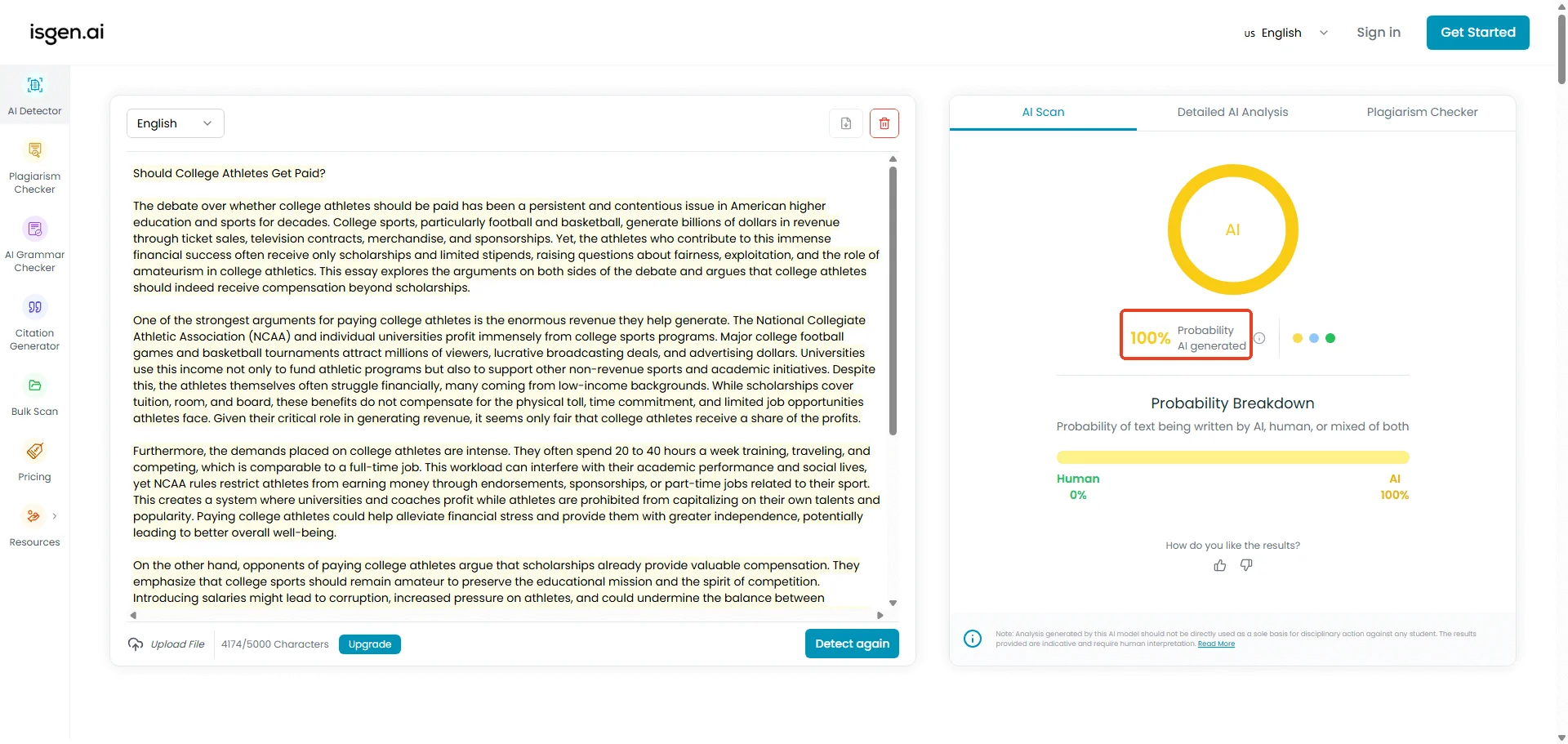 Isgen checks pure AI text results