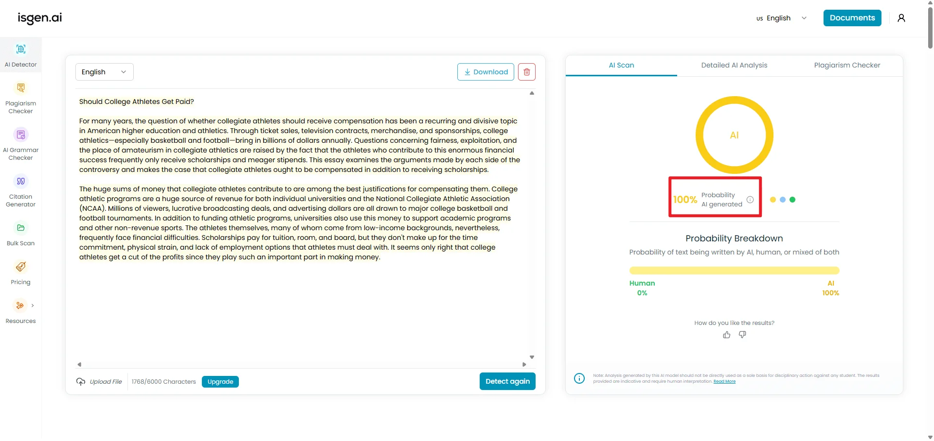 Isgen checks QuillBot humanized text