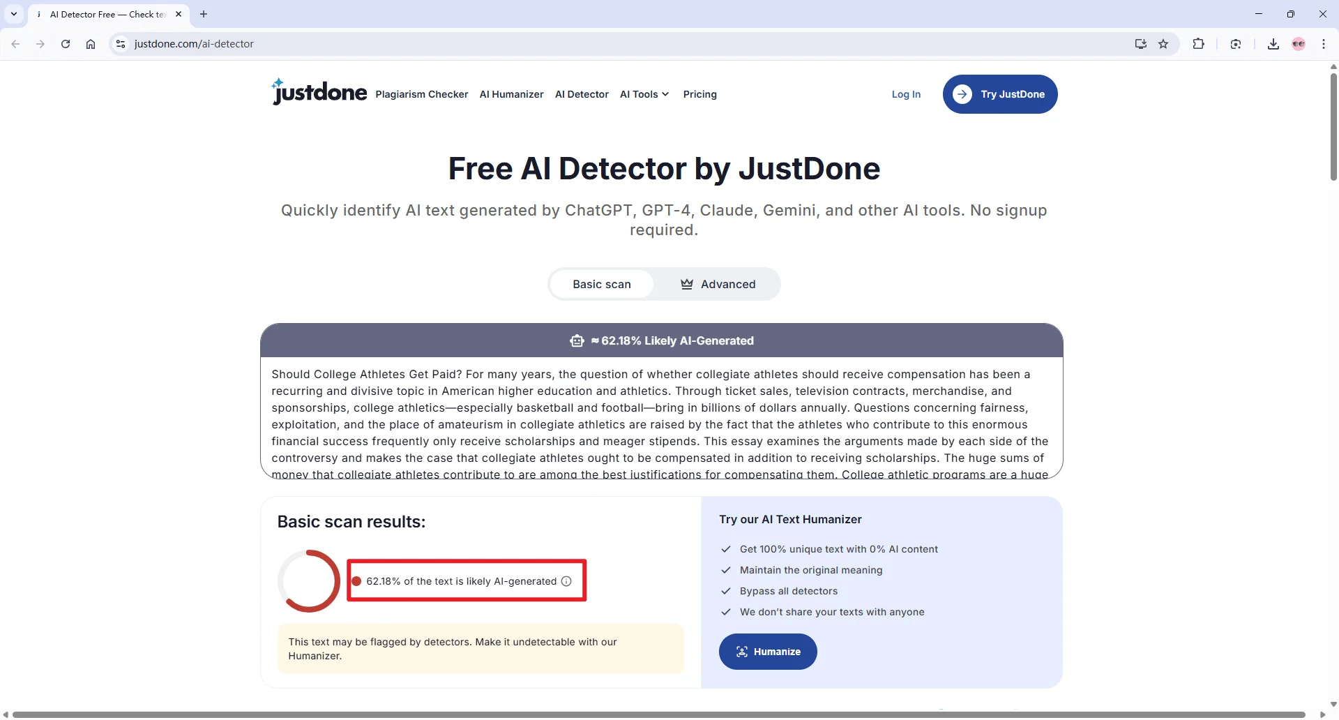 JustDone checks QuillBot humanized text