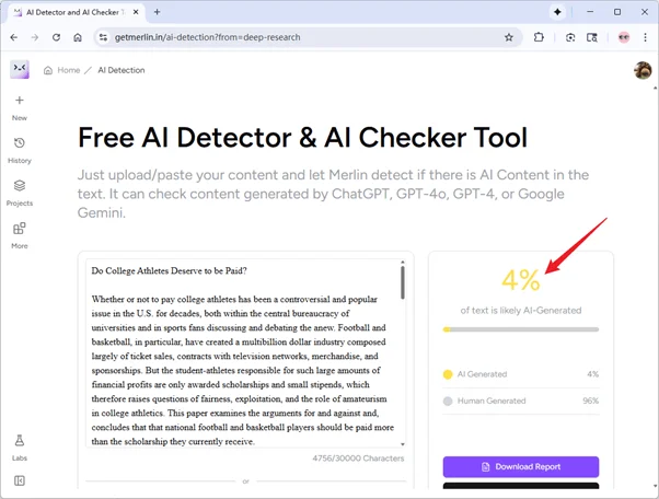 Merlin AI Detektor prüft von EssayDone humanisierten Text: 4 % AI