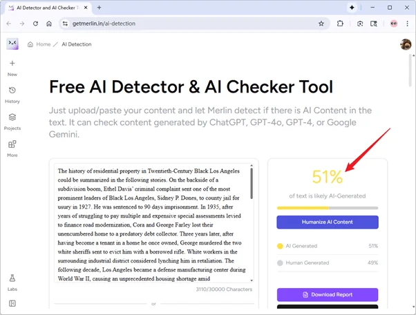 Merlin AI Detector überprüft gemischten KI- und menschlichen Text