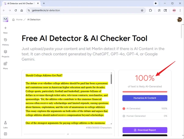 Merlin AI Detector überprüft Ergebnisse von reinem KI-Text