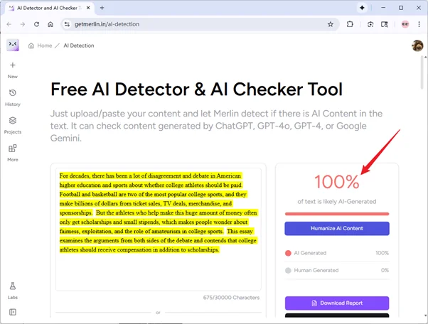 Merlin AI Detector überprüft von QuillBot vermenschlichten Text