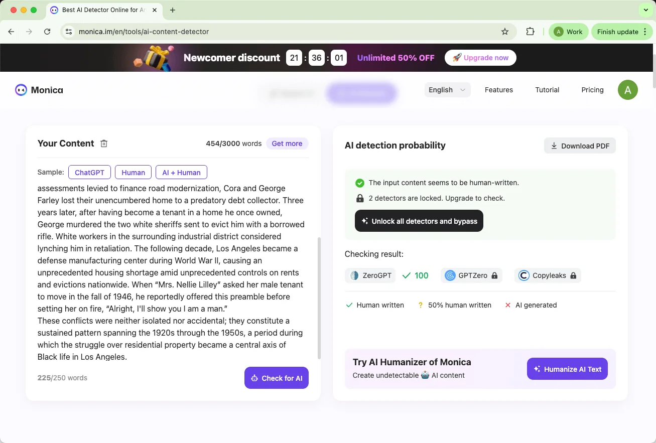 Monica AI detector checks mixed AI and human writing results Monica AI detector checks mixed AI and human writing results