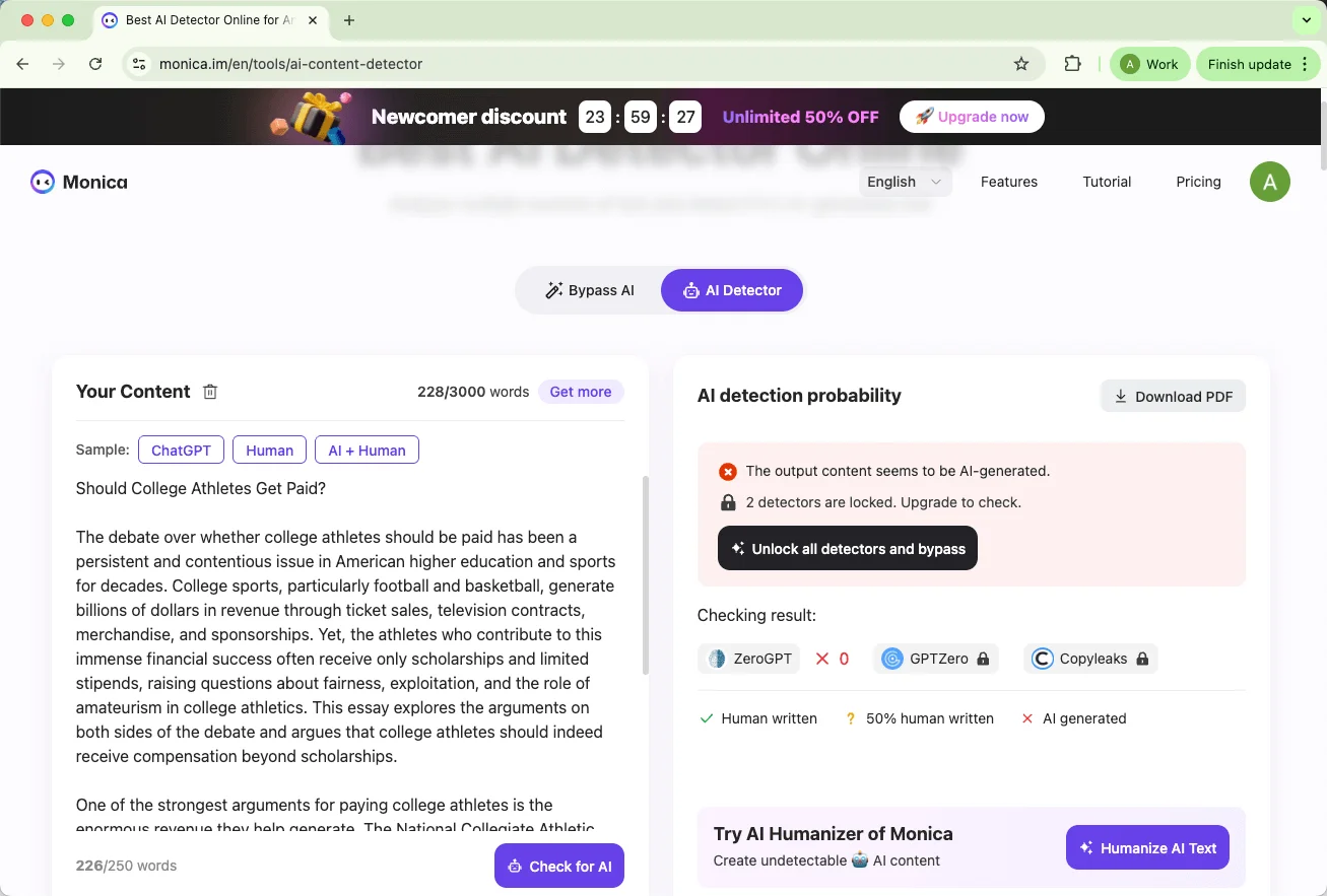 Monica AI detector checks pure AI text results Monica AI detector checks pure AI text results