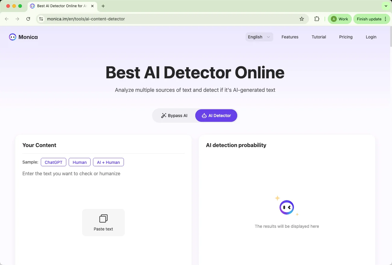 Monica AI detector homepage Monica AI detector homepage