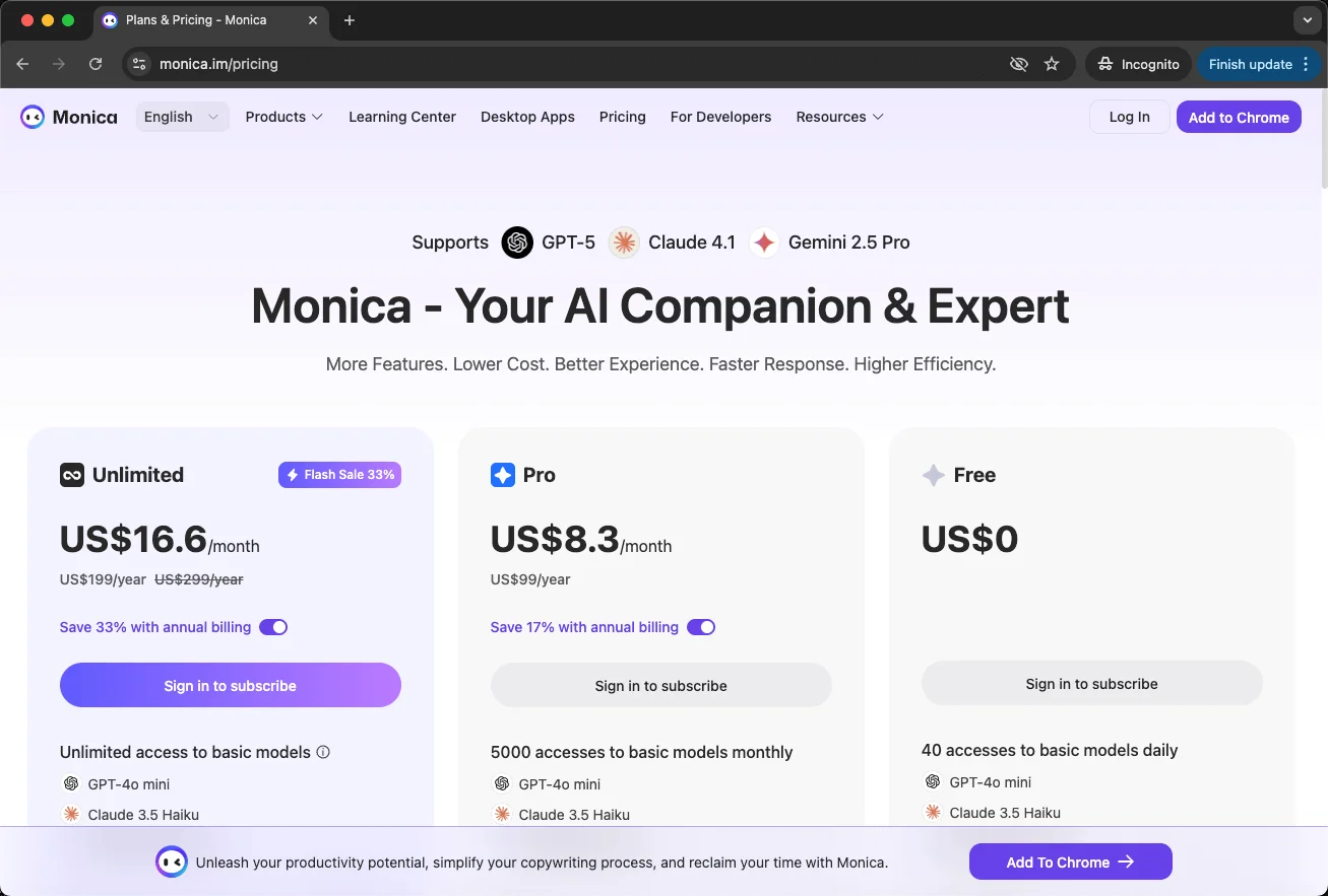 Monica AI pricing Monica AI pricing