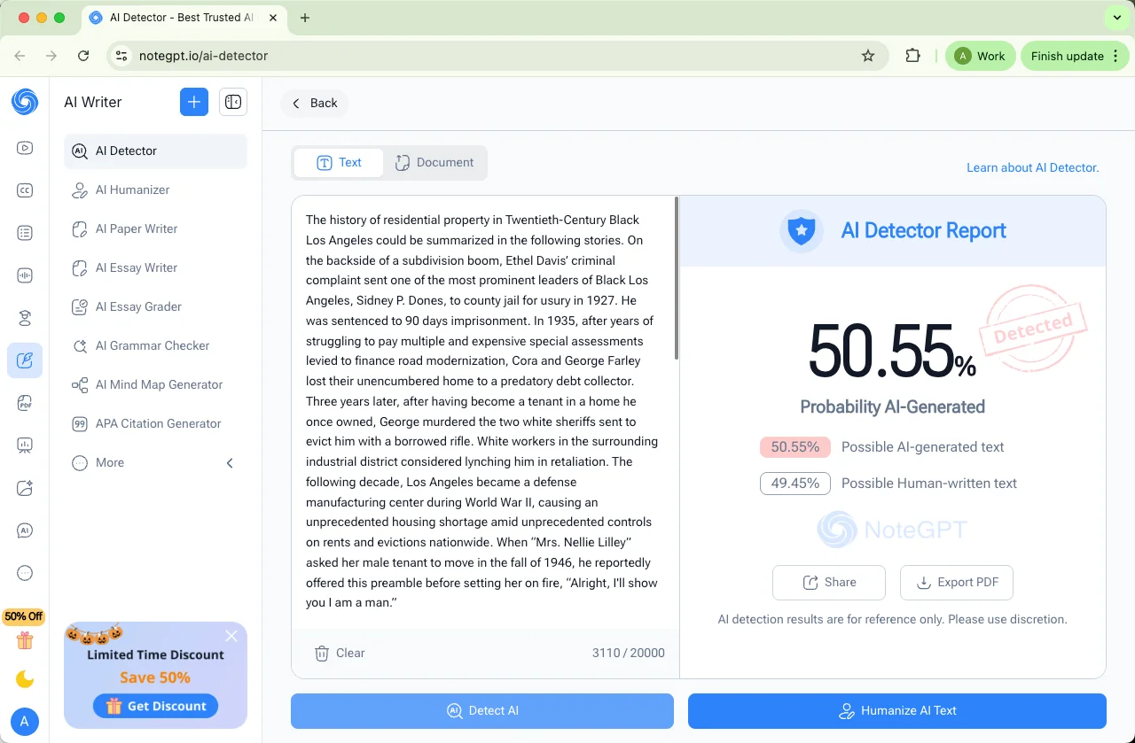 NoteGPT AI detector checks mixed ai and human writing results 