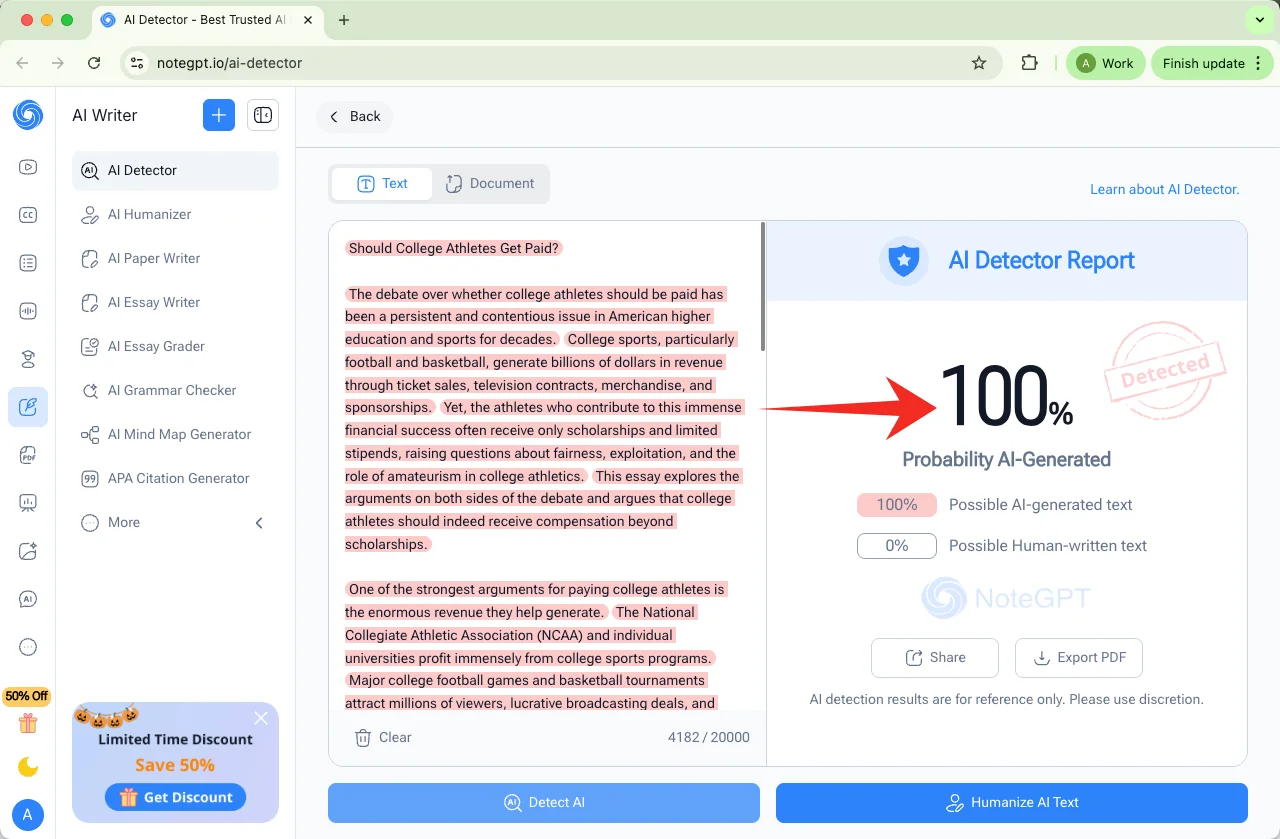 NoteGPT AI detector checks pure AI text results