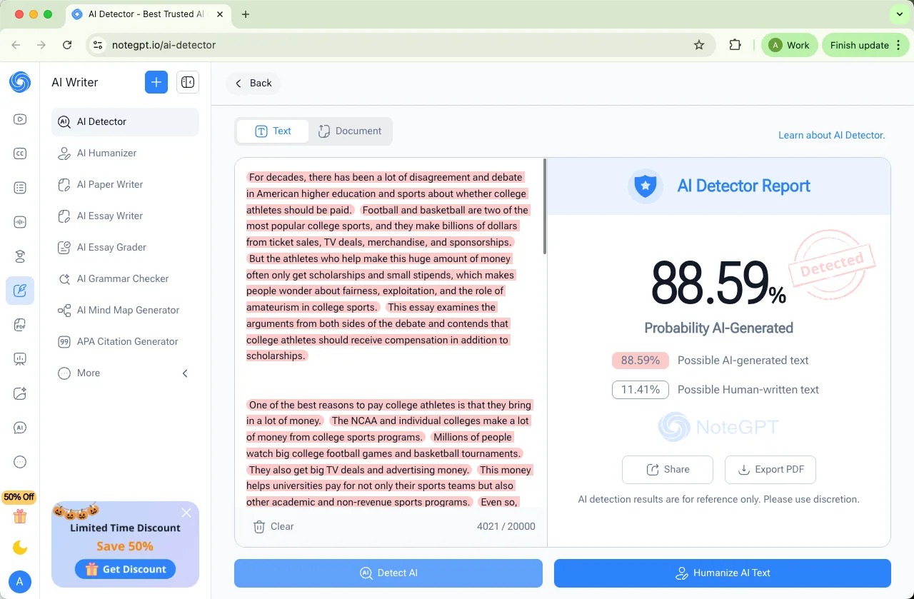 NoteGPT AI detector checks QuillBot humanized text results