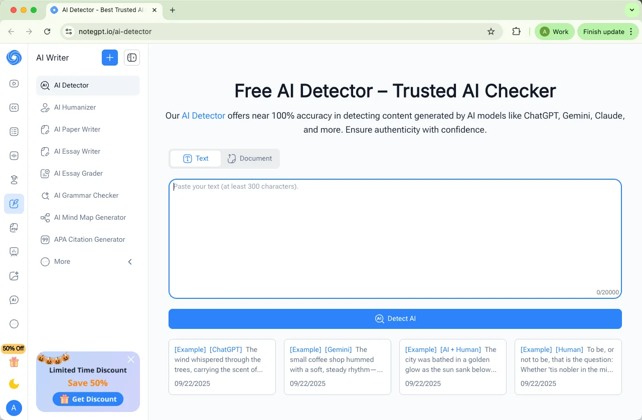 NoteGPT AI detector homepage