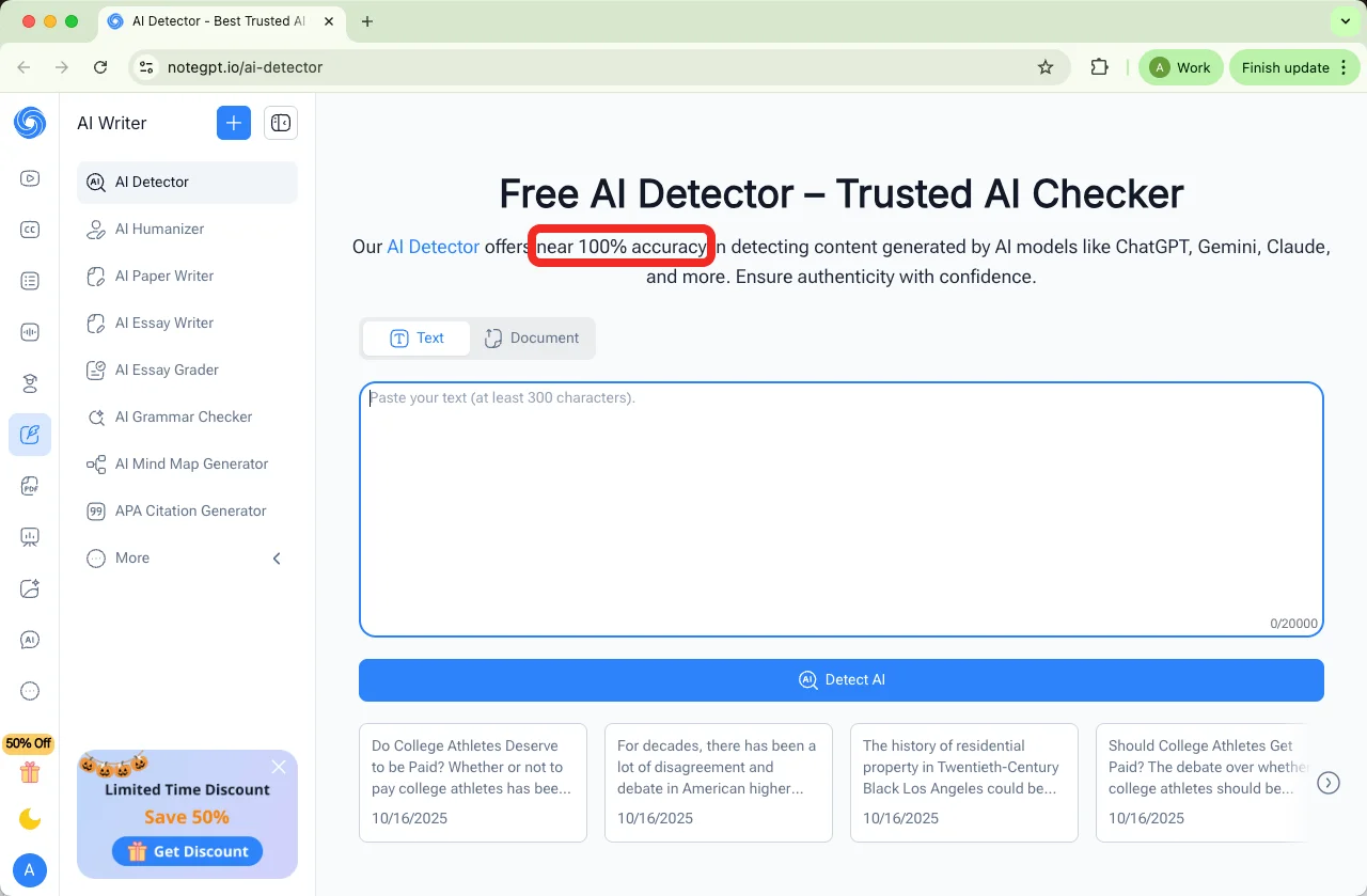 NoteGPT AI detector near 100% accuracy