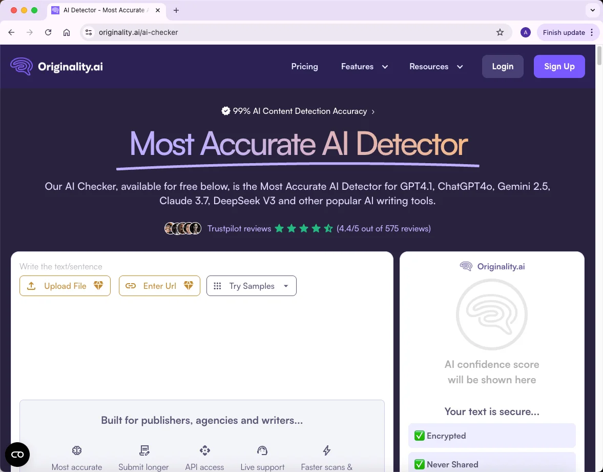 Originality AI detector homepage