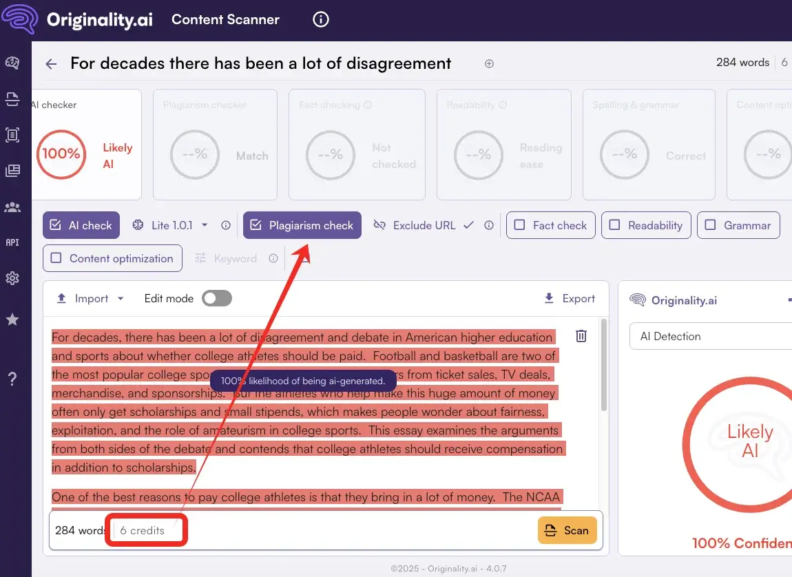 Originality AI plagiarism check credits cost