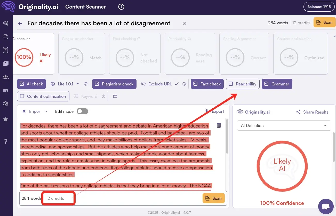 Originality AI plagiarism, fact and grammar check credits cost