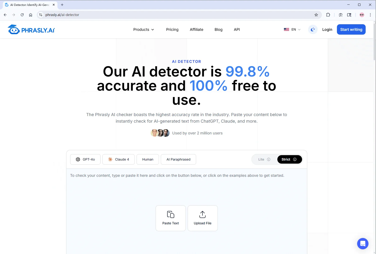 Phrasly AI detector homepage