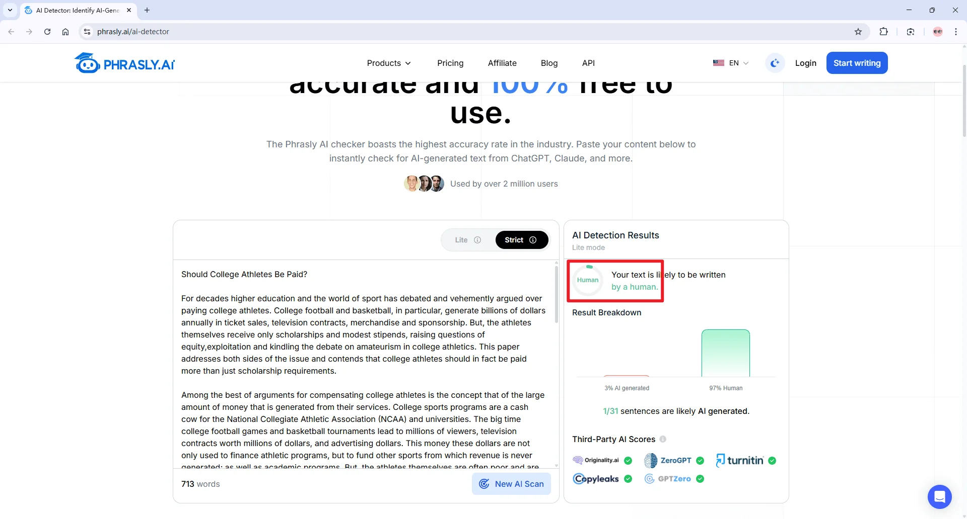 Phrasly AI detector check EssayDone humanized text 0% AI