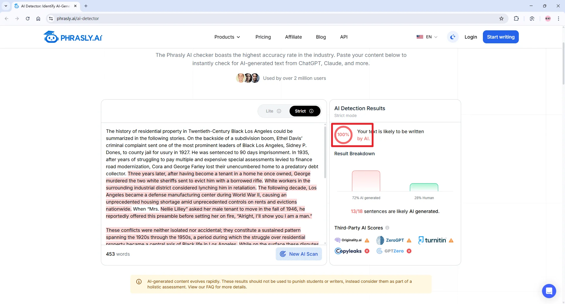 Phrasly AI detector checks mixed AI and human writing