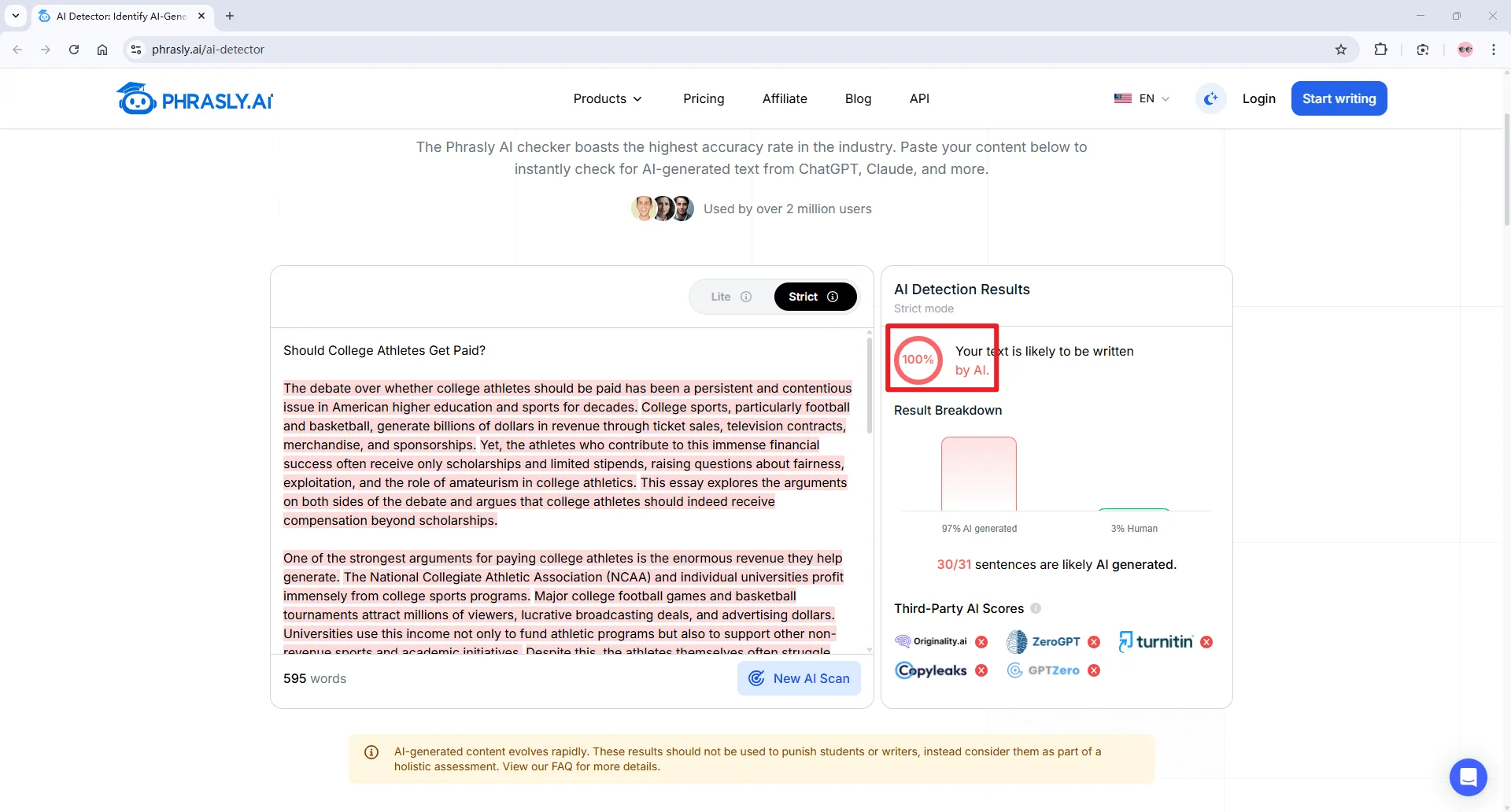 Phrasly AI detector checks pure AI text results