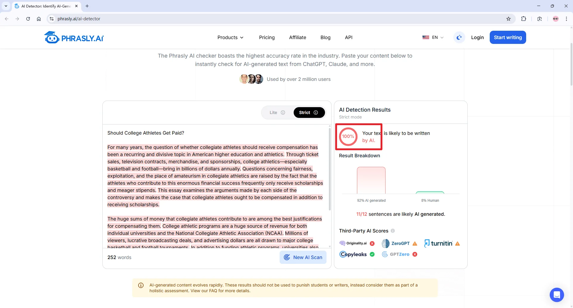 Phrasly AI detector checks QuillBot humanized text