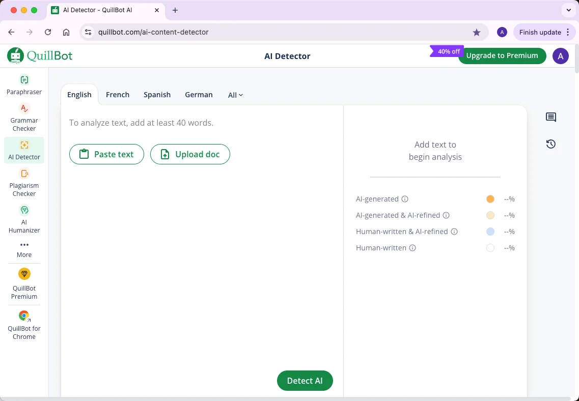 Quillbot AI detector homepage