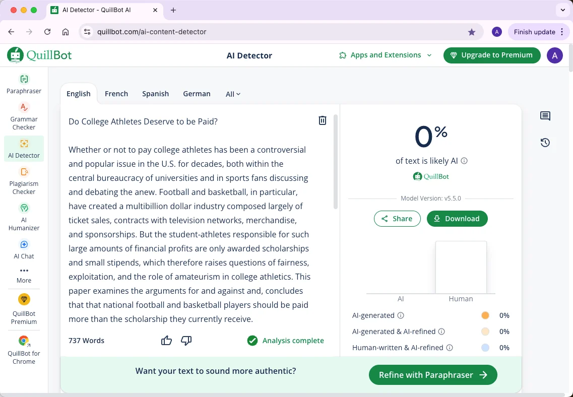 QuillBot check essaydone humanized text 0 percent AI.