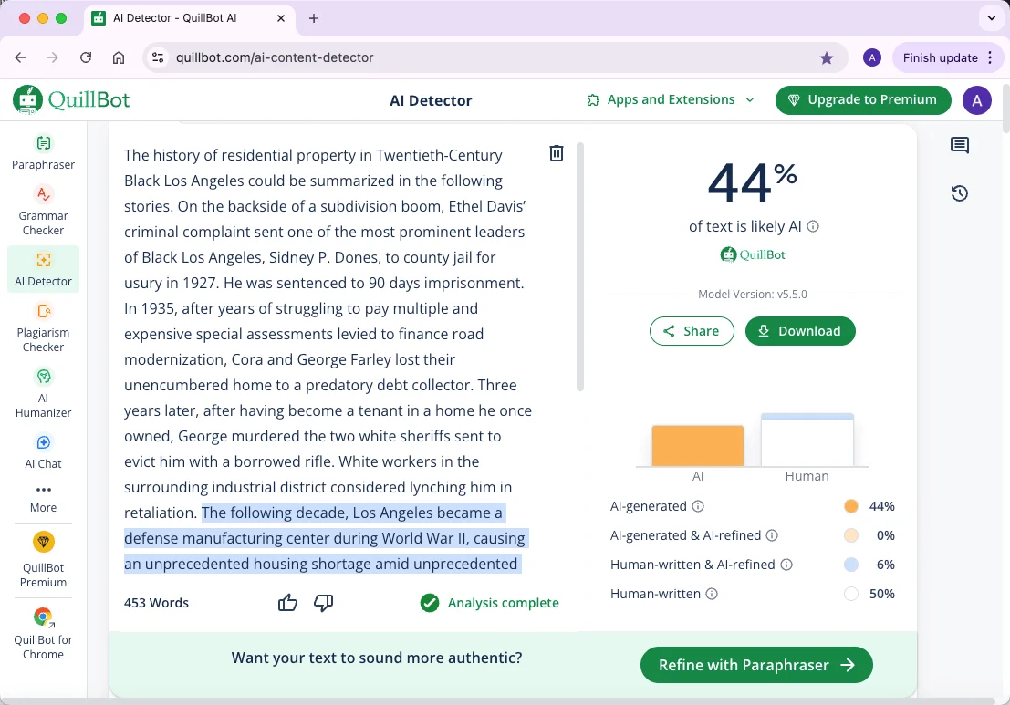 QuillBot checks mixed AI and human writing results