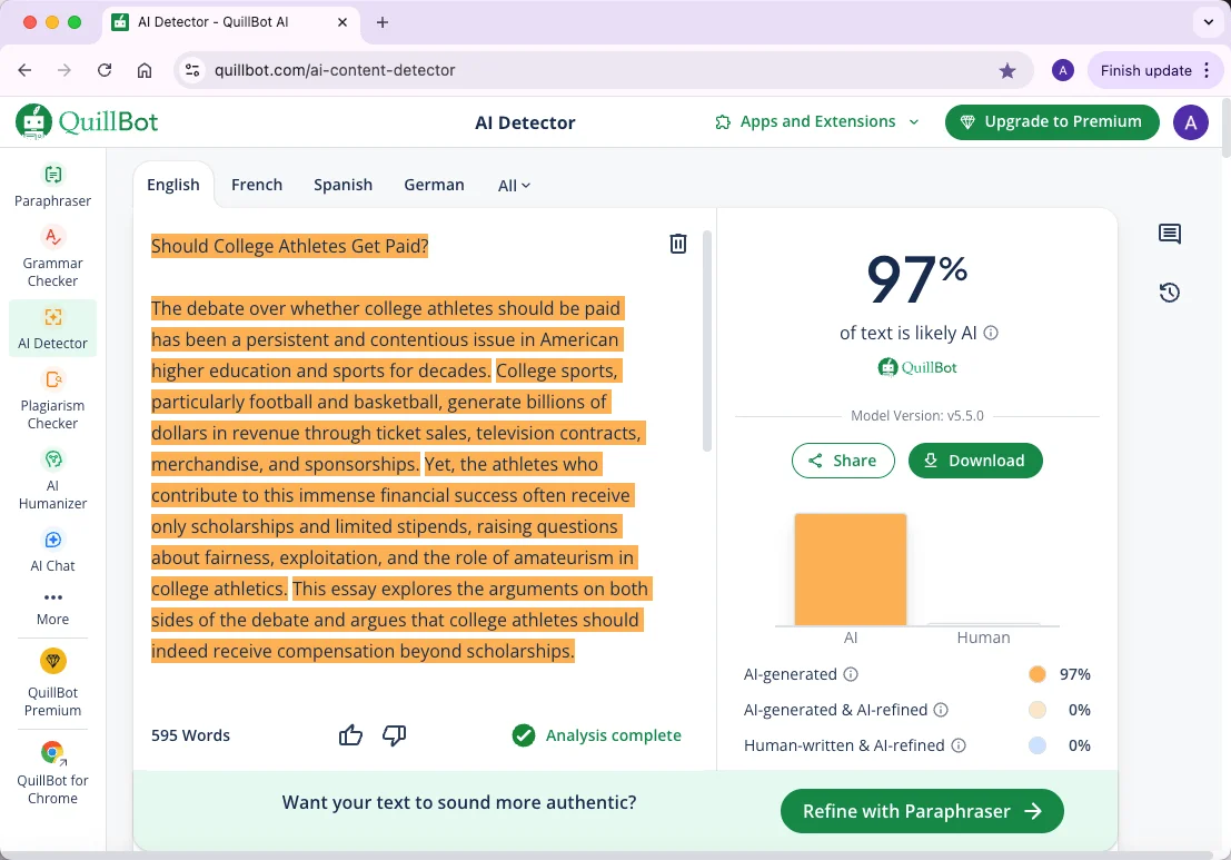 Quillbot checks pure AI text results