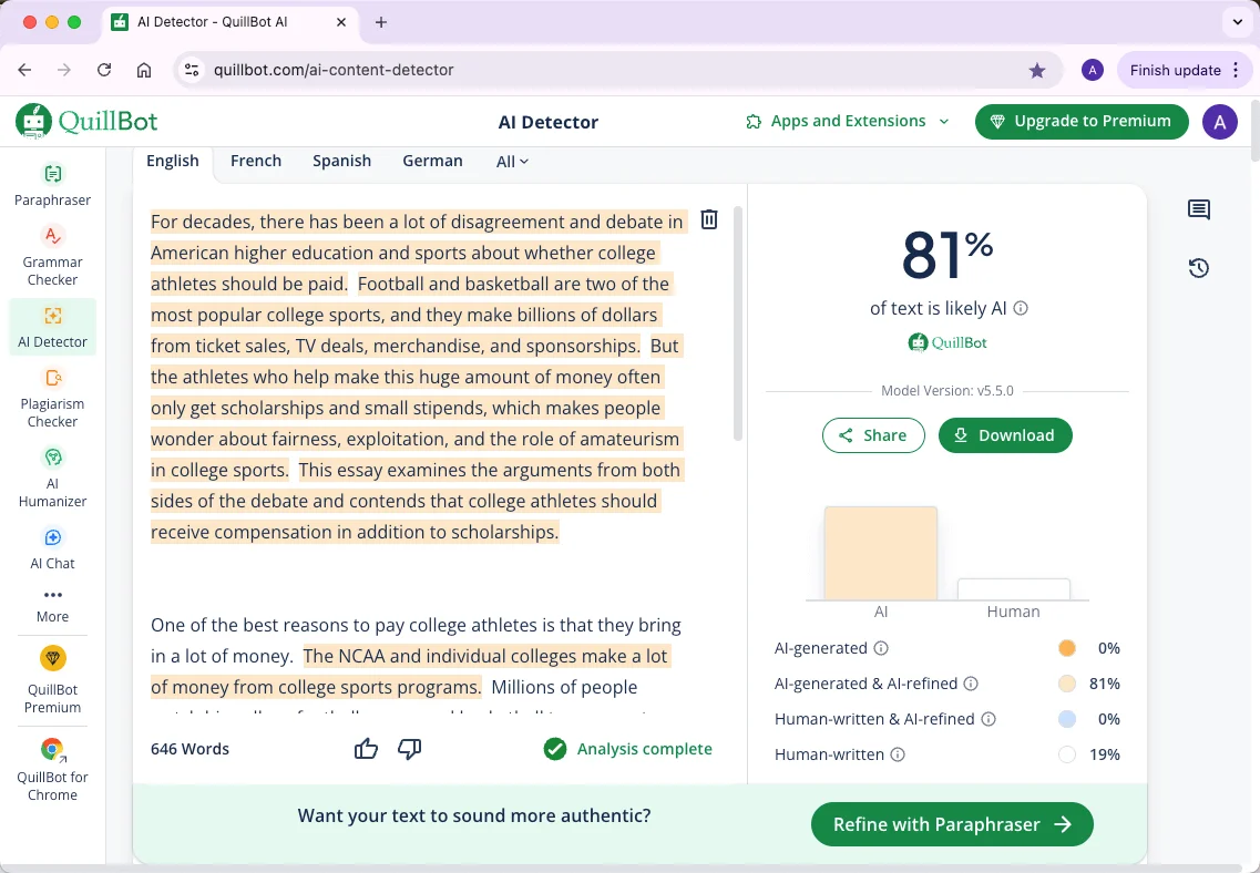 Quillbot checks QuillBot humanized text results