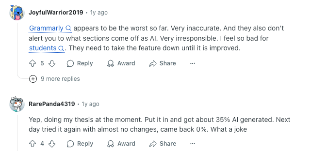 Reddit user reports Grammarly AI not accurate